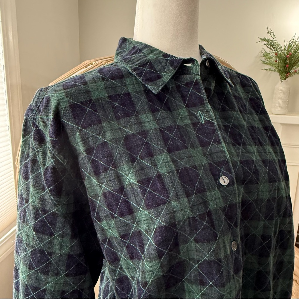 Vintage Talbots Petites Quilted Plaid Jacket Shirt Green Blue‎ Cotton PS